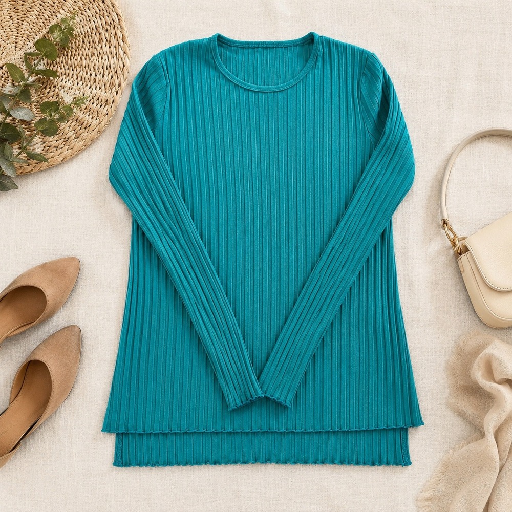 Simon Miller Rib Long Sleeve Crew Neck Top Teal Blue Micro Modal Size M